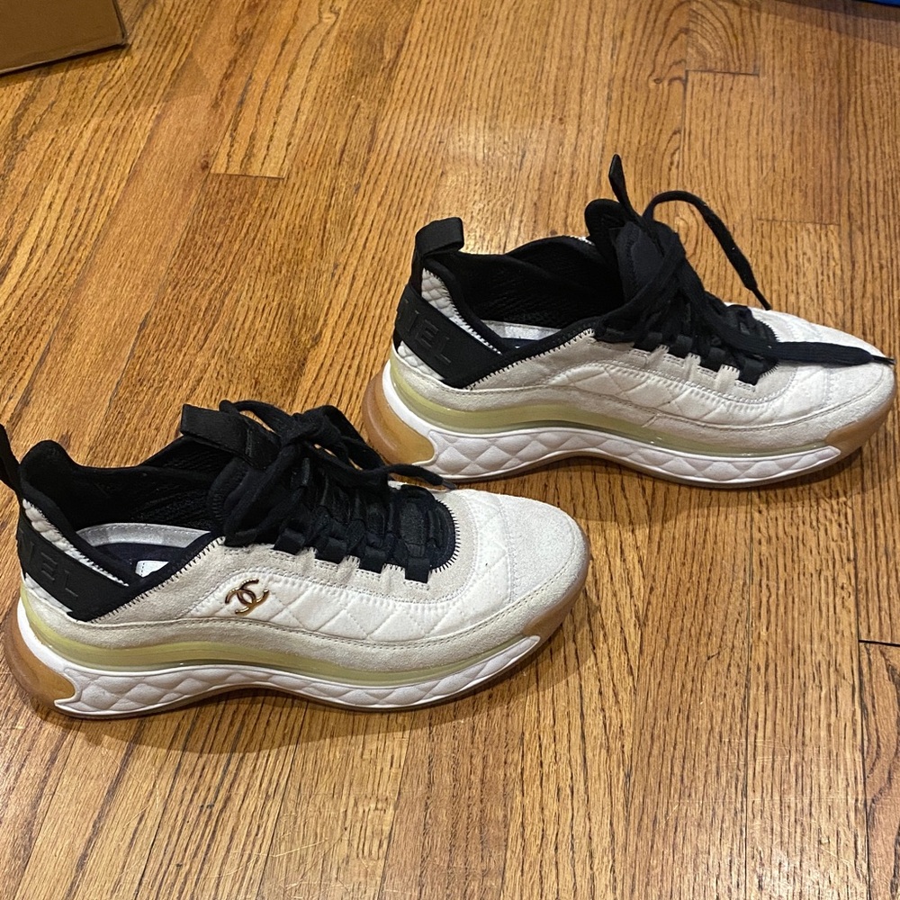 CHANEL White and Black Sneakers